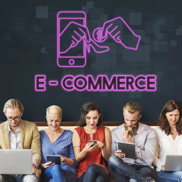 People sit with devices and E-Commerce