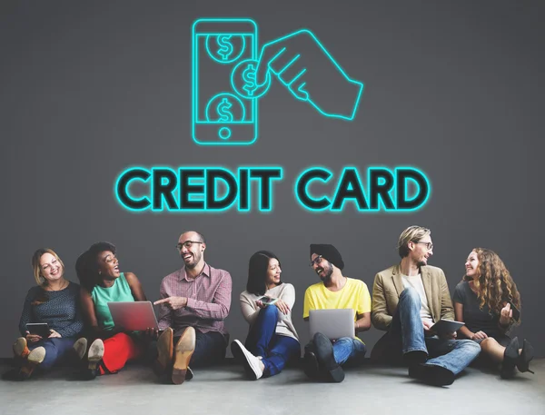 Diversity friends near wall with credit card