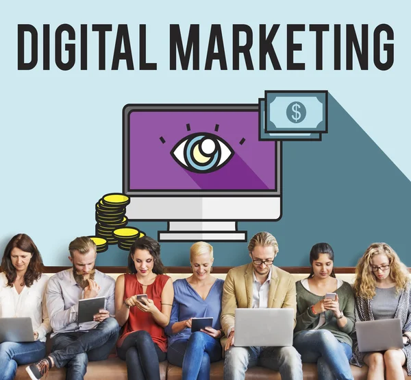 People sit with devices and Digital Marketing