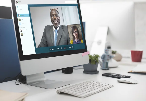 Businessman has video chat with woman