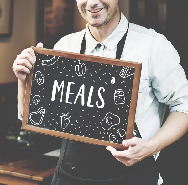 Barista holding board with icon