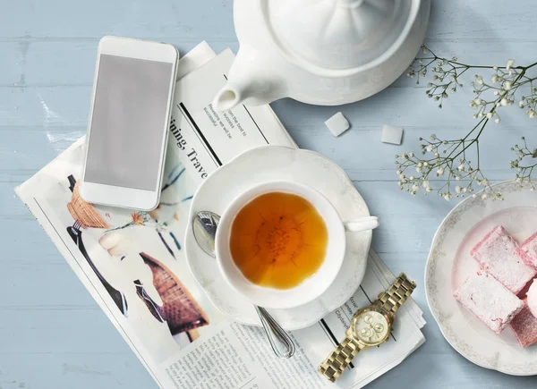 Tea and mobile on table