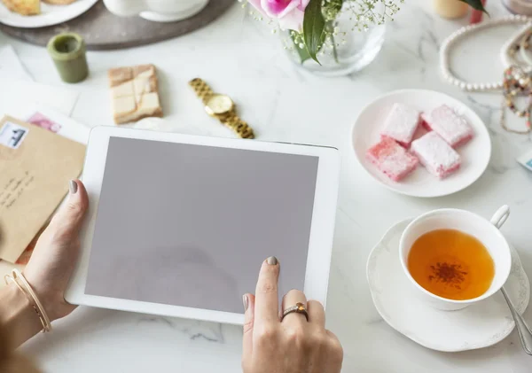 Beautiful workplace table and digital tablet