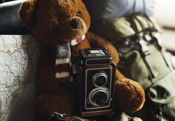 Vintage camera and soft bear toy