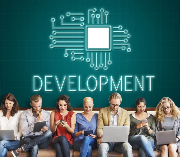 People sit with devices and Development