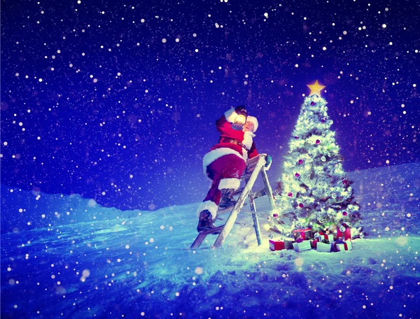 Santa with lamp on a step-ladder