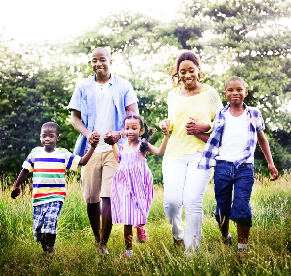 African American family relaxes on the nature