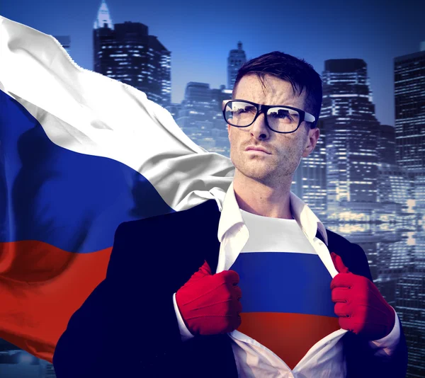 Businessman Superhero with Russia Flag Concept