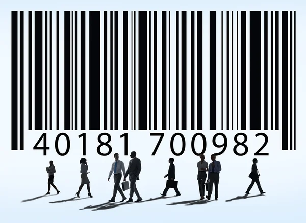 People standing under barcode