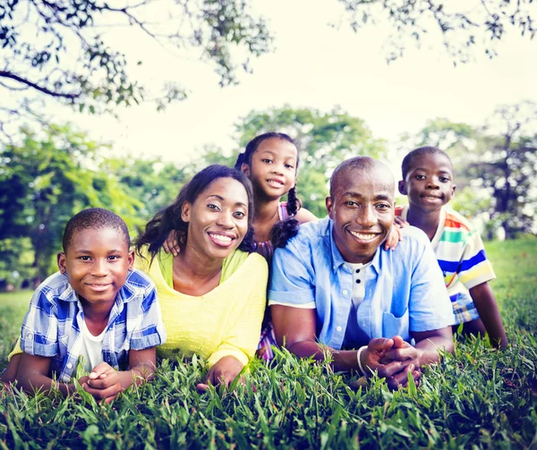 African American family relaxes on the nature