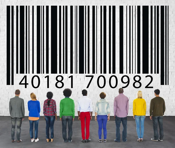 Diverse people and Bar code