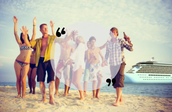 Happy group of friends at beach party