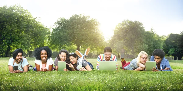 Friends on the grass using wireless devices