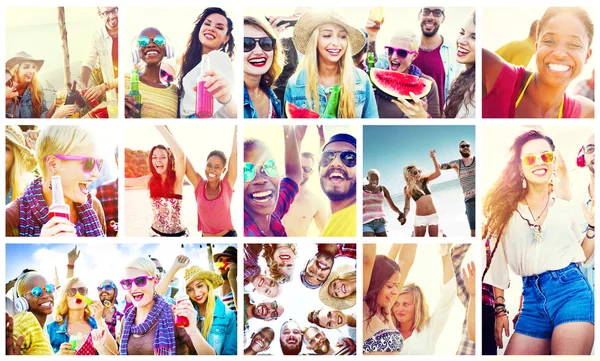 Young diverse happy people on the beach