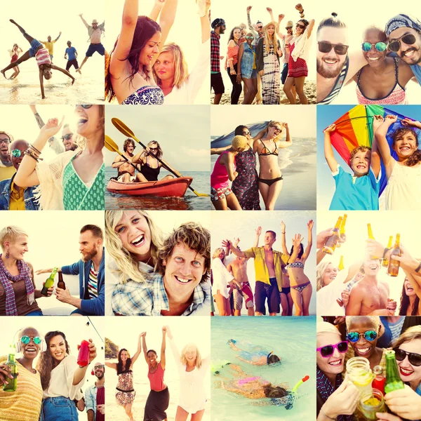 Young diverse happy people on the beach
