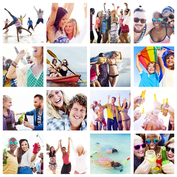 Young diverse happy people on the beach