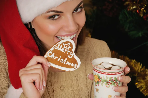 Portrait of beautiful smiling young woman with cookies near Chri