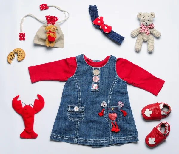 Top view fashion trendy look of clothes and stuff for baby girl