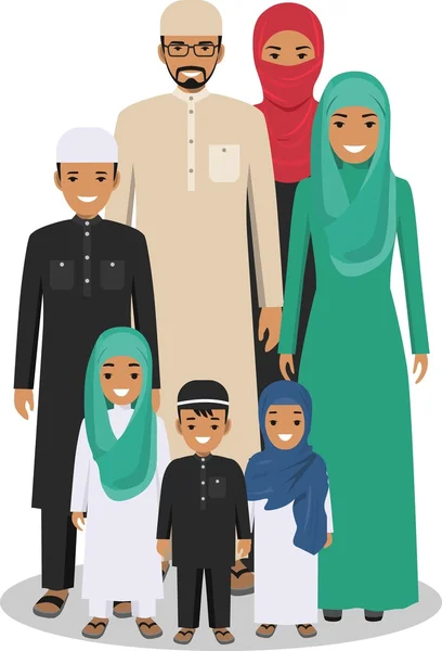 Family and social concept. Arab people generations at different ages. Arab people father, mother, son and daughter standing together in traditional islamic clothes. Vector illustration.