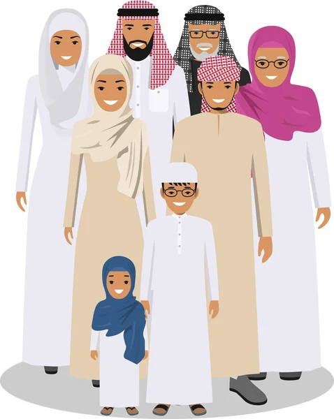 Family and social concept. Arab person generations at different ages. Muslim people father, mother, son and daughter standing together in traditional islamic clothes. Vector illustration.