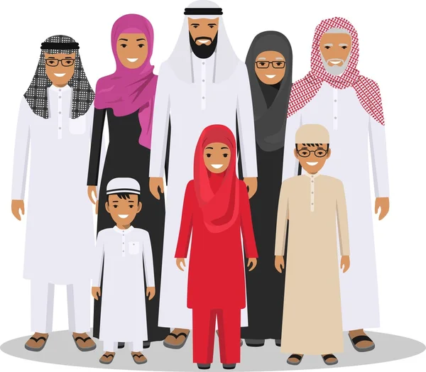 Family and social concept. Arab person generations at different ages. Muslim people father, mother, grandmother, grandfather, son and daughter standing together in traditional islamic clothes. Vector