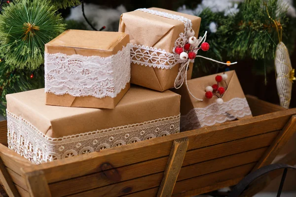 Old wooden box with vintage Christmas decorations