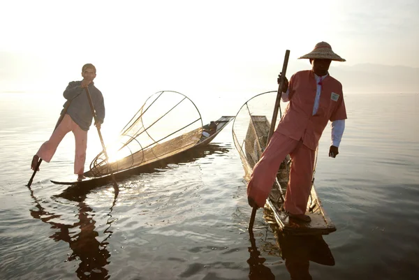Silhouette of traditional fishermans in Inle Lake,Myanmar.