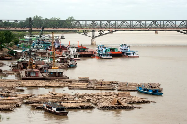 Bamboo raft on port activities in Ayeyarwaddy river ,Myanmar.