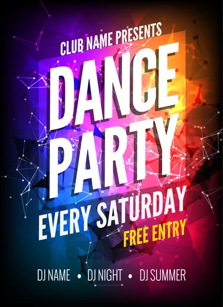 Dance Party Poster Template. Night Dance Party flyer.  Club party design template on dark colorful background. Club free entry