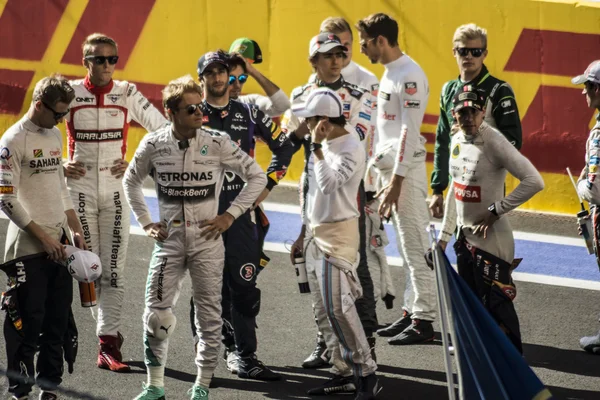 The pilots of formula one gathered together on the starting line