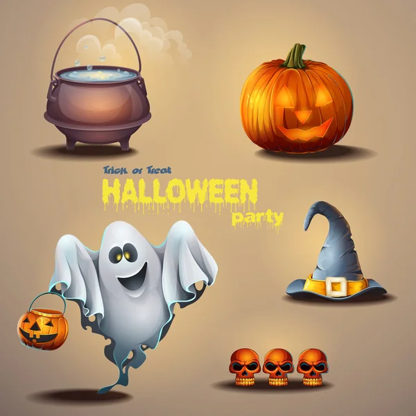 Set of different items for the holiday Halloween, as well as a cute ghost