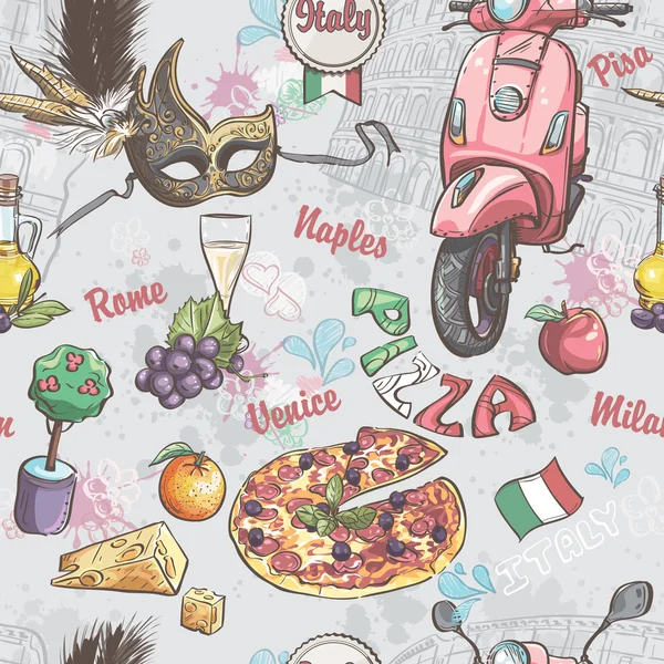 Seamless texture on italy. With a picture of food, fruit, wine, carnival masks and other