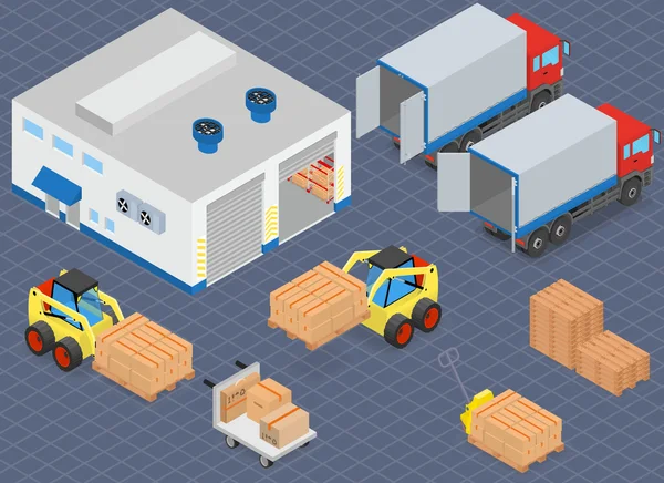 Loading or unloading a truck in the warehouse. Forklifts move the cargo.