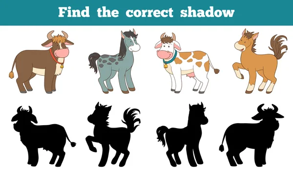 Find the correct shadow: farm animals (horse and cows)