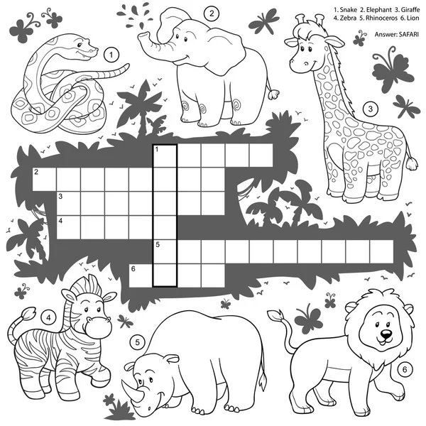 Vector colorless crossword, education game about safari animals