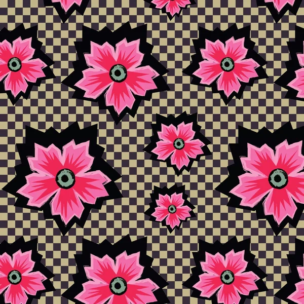Retro exotic pink flowers on checkered background pattern