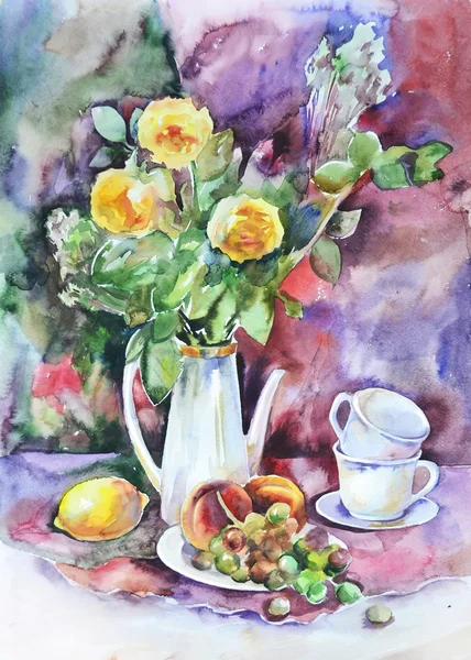 Watercolor still life with a bouquet of roses and fruit