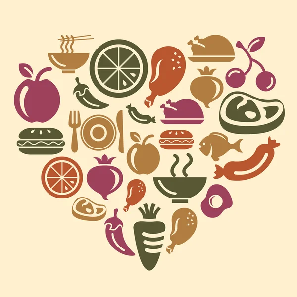 Food, Fruits and Vegetables Icons in Heart Shape