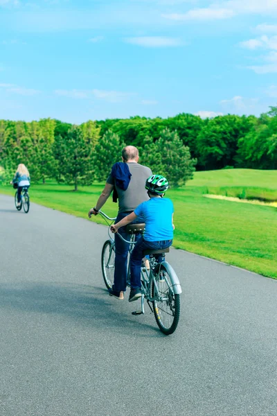 Dynamic image of a family cycling in park
