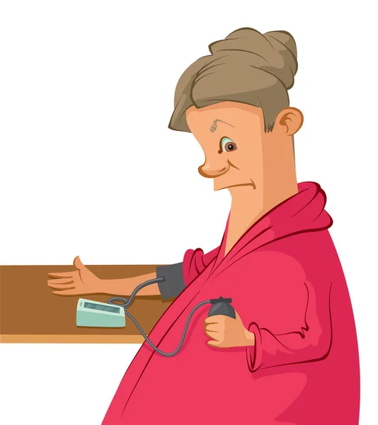 Cartoon woman measures her blood pressure