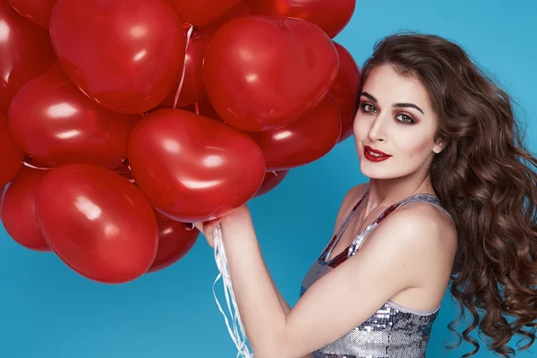 Beauty sexy woman with red heart baloon Valentines day birthday