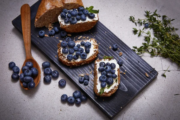 Tasty healthy food bread cream cheese blueberry juicy organic