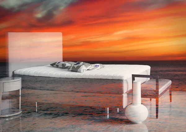 Double exposure of bedroom and beach