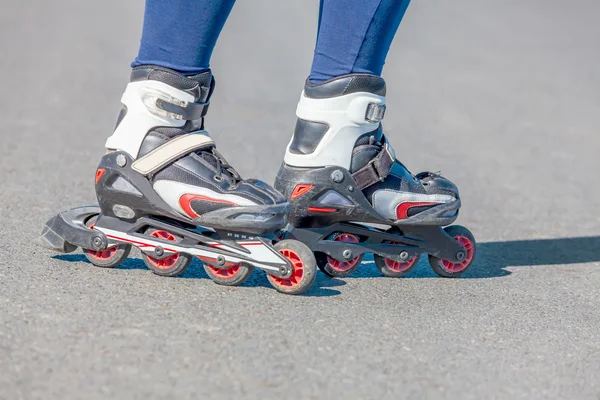 Close-up view of female legs in roller blades