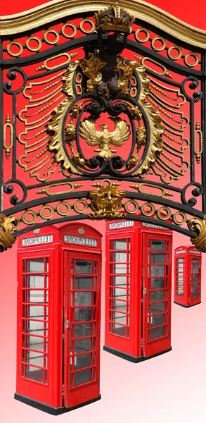 Classic British red phone booths in London UK, golden gate