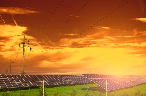 Solar energy panels on the summer meadow, sunset sky