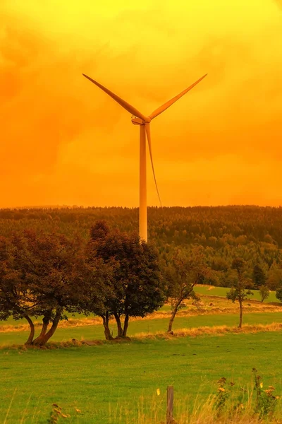 Wind turbine on the green grass and sunset sky