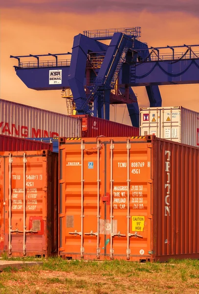 CZECH REPUBLIC, NYRANY, 27 APRIL, 2015: Nyrany container terminal. Industrial crane loading containers.