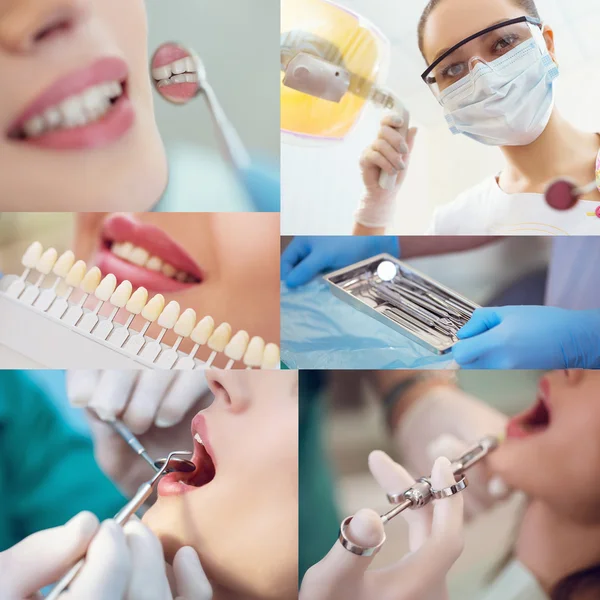 Portrait and collage photo of a surgeon at work.Orthodontic Treatment. Dental care Concept. Dental inspection is being given to  Beautiful Woman surrounded by dentist and his assistant