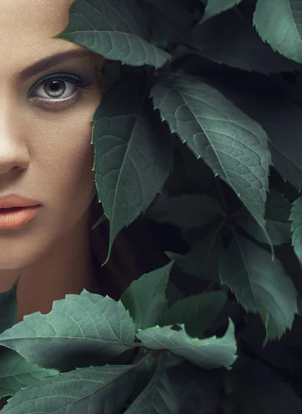 Sexy Beauty Girl with coral Lips. Provocative green Make up. Luxury Woman with Green Eyes. Fashion Brunette Portrait in wild leaves (grapes),  natural background. Gorgeous Woman Face. Long Hair